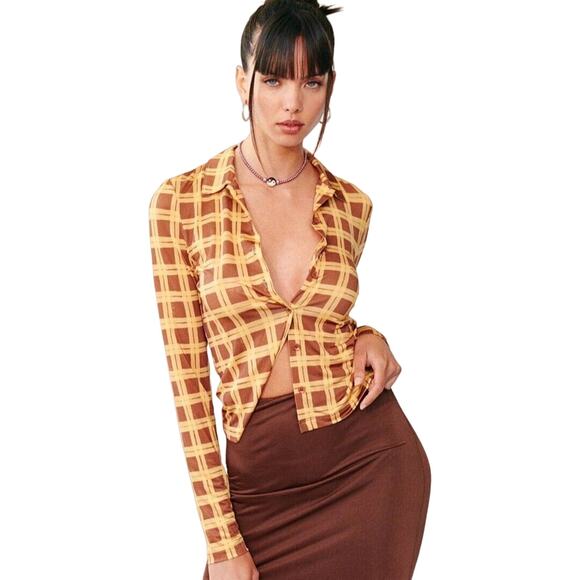 With Jean Bobbie Top Cher Print Brown Yellow Size XS - Picture 1 of 11
